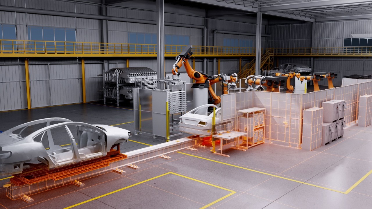 Cars being built by robots